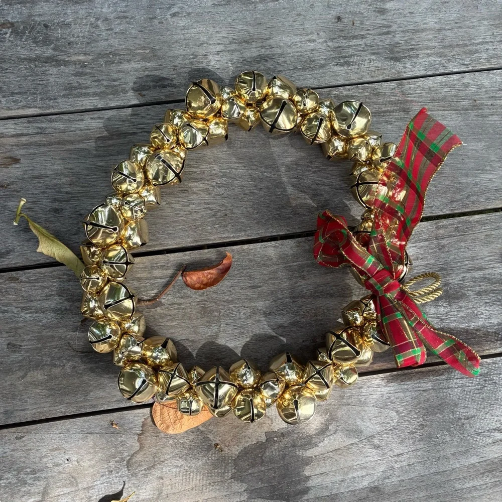 Festive Gold Bell Wreath with Red Plaid Ribbon
